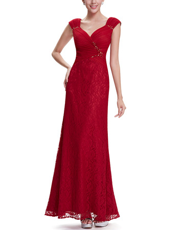 Women Simple Sweetheart Straps Long Lace Red Evening Wear Dress