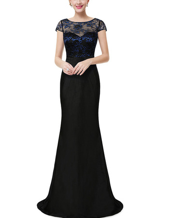 Sexy Long Lace Chiffon Black Prom Evening Dress with Short Sleeves