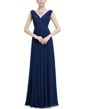 Formal V-Neck Sleeveless Floor Length Chiffon Evening Dress