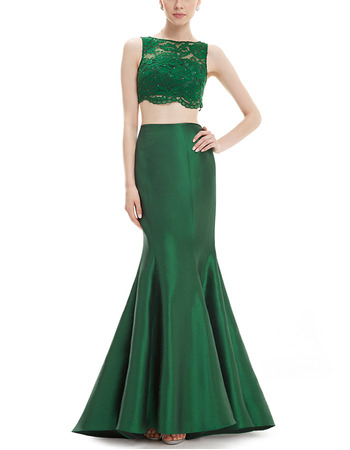 Sexy Sheath Long Satin & Lace Two-Piece Formal Evening Dress