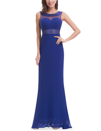 Elegant Sheath Sleeveless Long Chiffon Blue Formal Evening Dress