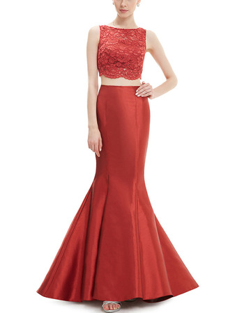 Latest Mermaid Sleeveless Long Satin Lace Two-Piece Formal Evening Party Dress