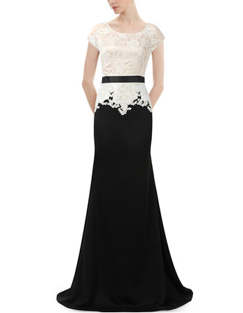 Affordable Long Lace Chiffon Two-Piece Formal Evening Dress with Short Sleeves