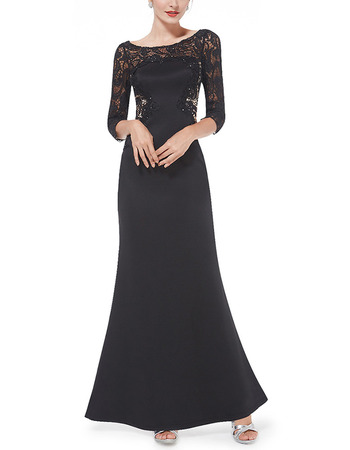 New Satin Long Lace Black Formal Evening Dress with 3/4 Long Sleeves