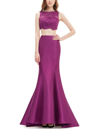 Modest Trumpet Floor Length Lace & Satin Two-Piece Evening/ Night Dress