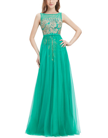 Custom Made A-Line Sleeveless Long Tulle Embroidery Evening Party Dress