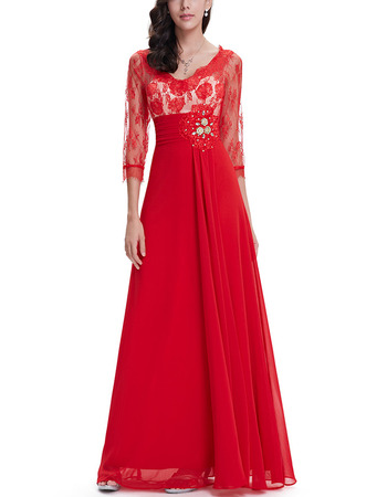 Inexpensive Long Lace Chiffon Evening Dress with 3/4 Long Sleeves