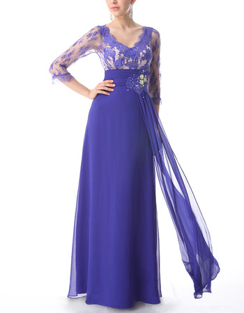 Formal Long Lace Chiffon Evening Dress with 3/4 Long Sleeves