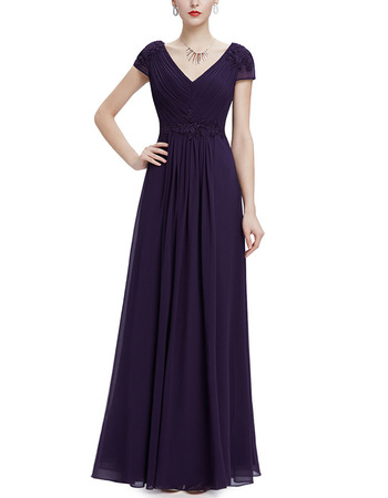 Custom V-Neck Floor Length Chiffon Evening Party Dress with Short Sleeves