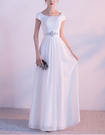 Elegant Floor Length White Chiffon Evening Dress with Short Sleeves