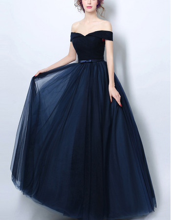 Affordable Off-the-shoulder Floor Length Satin Tulle Formal Evening Dress