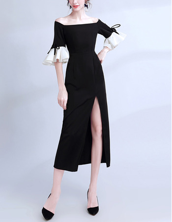 Inexpensive Off-the-shoulder Tea Length Black Formal Evening Dress with Short Sleeves