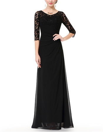 Inexpensive Designer Long Chiffon Black Formal Mother Dress with Half Lace Sleeves