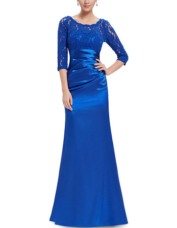 Stylish Blue Long Satin Formal Mother Dress with 3/4 Long Lace Sleeves