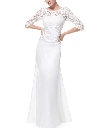 Modest Designer Full Length Satin Formal Mother Dress with 3/4 Long Lace Sleeves