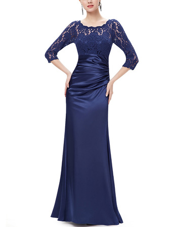 Elegant Full Length Satin Formal Mother Dress with 3/4 Long Lace Sleeves