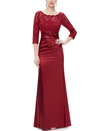 Classy Full Length Satin Formal Mother Dress with 3/4 Long Lace Sleeves