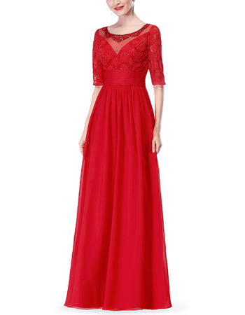 Stylish Full Length Red Chiffon Formal Mother Dress with Half Sleeves