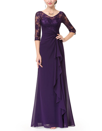 Elegant Long Purple Chiffon Formal Mother Dress with Half Lace Sleeves & Ruffle