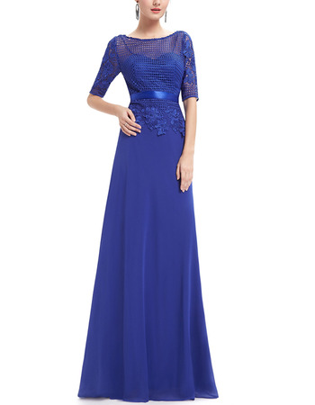 Modest Long Chiffon Formal Mother Dress with Half Lace Sleeves & Belts