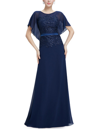 Elegant Full Length Chiffon Formal Mother of the Bride Dress with Cap Sleeves & Belts