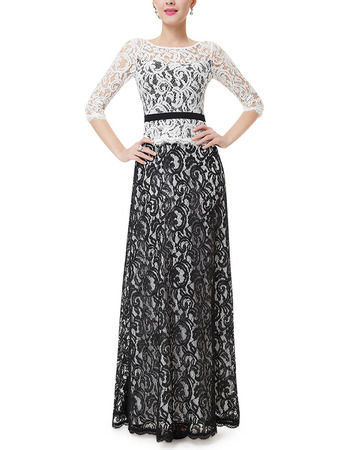 Inexpensive Lace Black & White Mother Formal Dress with Half Sleeves