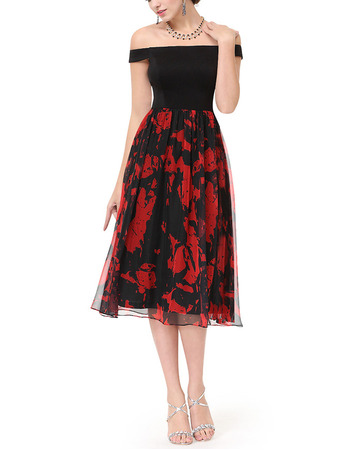 Custom Off-the-shoulder Knee Length Satin Print Homecoming Dress