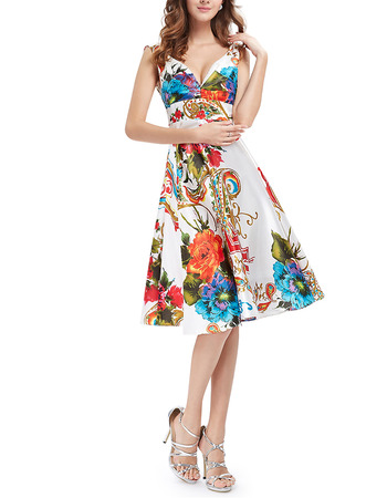 Sexy A-Line V-Neck Knee Length Printed Satin Homecoming Dress