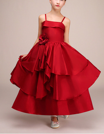 Stunning Spaghetti Straps Ankle Length Red Satin Flower Girl Dress