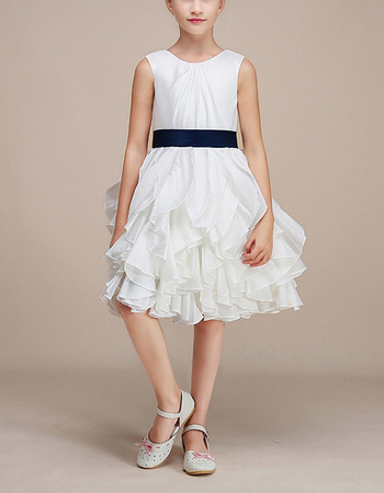 Pretty Knee Length Ruffle Skirt White Flower Girl Dress with Sashes