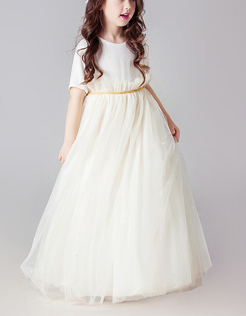 Affordable Floor Length Organza Flower Girl Dress with Short Sleeves