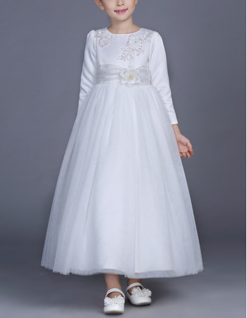 Kid's Princess Ankle Length White Flower Girl/ First Communion Dress with Long Sleeves