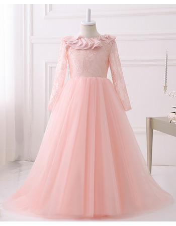 Beautiful Floor Length Lace Flower Girl Dress with Long Sleeves