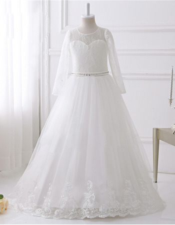 Stunning Floor Length Lace Flower Girl Dress with Long Sleeves