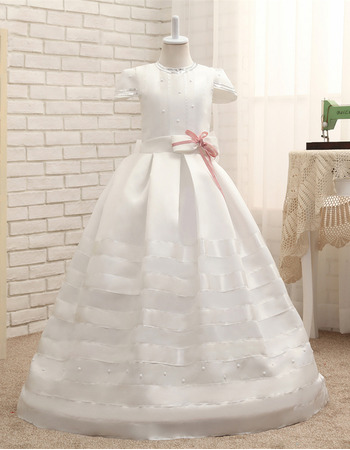 Adorable Floor Length Satin Flower Girl Dress with Cap Sleeves