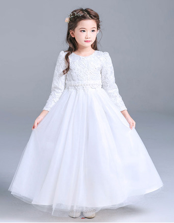 Inexpensive Girls Lovely Floor Length First Communion Dress with Long Sleeves