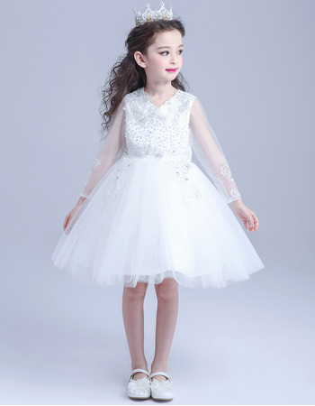 Adorable Princess A-Line Short Organza Flower Girl Dress with Long Sleeves