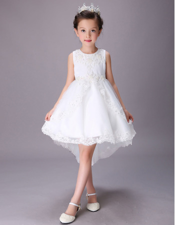 Kids Pretty A-Line Sleeveless High-Low Short Satin Flower Girl Dress