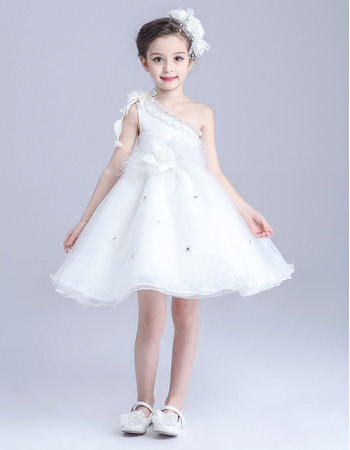 2018 Beautiful A-Line One Shoulder Sleeveless Short Satin Flower Girl Dress