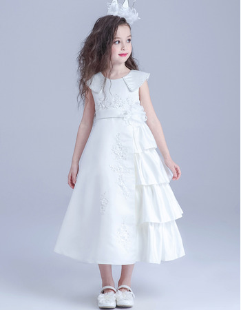 Inexpensive Lovely Lapel Tea Length Satin Flower Girl/ First Communion Dress