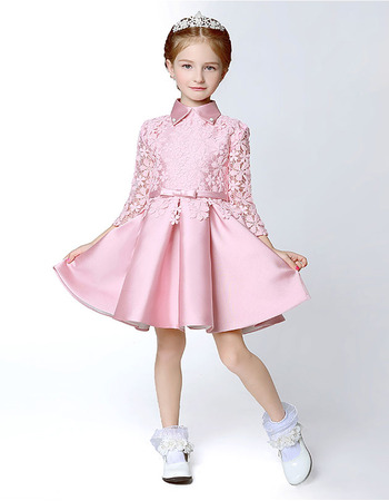 Adorable Classy Short Satin Lace Flower Girl Dress with Long Sleeves