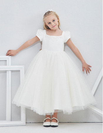 Beautiful Tea Length Flower Girl Dress with Bubble Sleeves