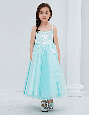 Little Girls Pretty Tea Length Embroidery Flower Girl Dress with Spaghetti Straps