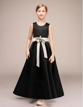 Kids Pretty A-Line Ankle Length Satin Black Flower Girl Dresses with Sashes