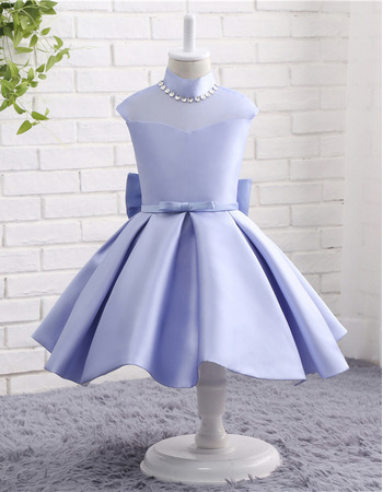 New Style Knee Length Satin Flower Girl Dresses with Bows