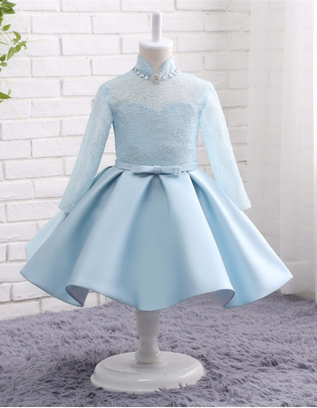 Kids Custom Lovely Mandarin Collar Knee Length Flower Girl Dress with Long Sleeves