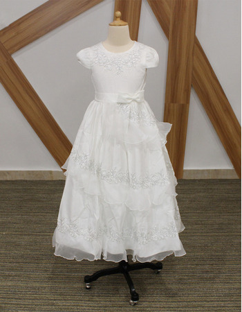 Inexpensive Amazing Tea Length Flower Girl/ Communion Dress with Cap Sleeves