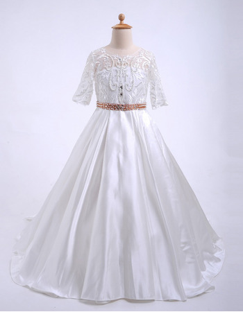 New Style Sweep Train Flower Girl Dresses with Half Sleeves