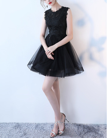 Simple Sleeveless Mini/ Short Organza Lace Little Black Cocktail Party Dress