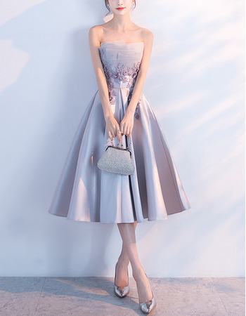 Inexpensive A-Line Strapless Knee Length Satin Midi Formal Cocktail Dress